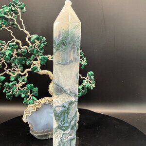 Large Moss Agate Crystal Point Tower: 7" Tall Druzy  64